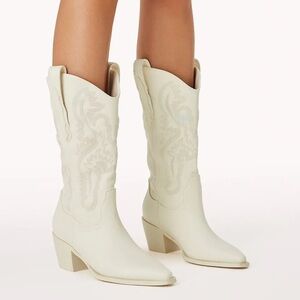 Billini Cream Western Embroidered Mid-Calf Heeled Boots